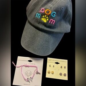 Light Gray Dog 🐶 Mom Baseball Cap, puppy bracelet & pink studded earrings, NWOT